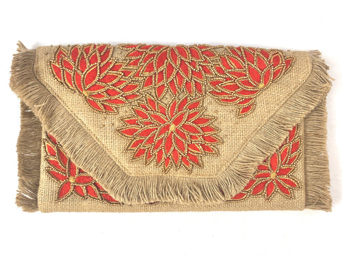 Embroidered Red Floral Handbeaded Fringe Clutch
